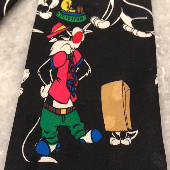 Looney Tunes Mania Tie Black Sylvester & Tweety Vintage 90s Cartoon Festival - Picture 3 of 4